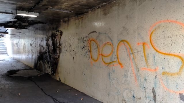 A heavily vandalised pedestrian underpass in Stockton-on-Tees.