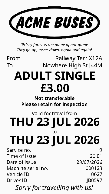 The Acme Buses £3 bus
        ticket! (Fictional bus company, but real ticket price.)