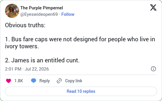 Screenshot of the X post reply by The Purple Pimpernel (@Eyeswideopen69) about Andy Burnham's £2 bus fare cap