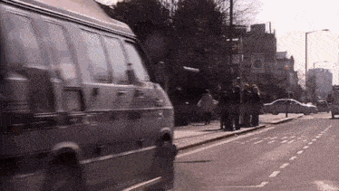 Short clip from classic UK TV comedy series 'The Inbetweeners', depicting the
            four main characters driving past a bus queue, Jay leaning out of            the front passenger seat and shouting 'bus wankers' at them.