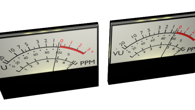3-D still image of pair of illuminated combined VU-PPM audio signal meters