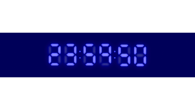 2-D animated image of blue digital clock display, counting up from 23:59:50 to 00:00:00