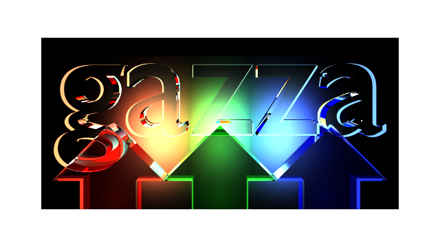 3-D still image of transparent clear and red-, green-, and blue-coloured glass-/acrylic-effect 'gazza' model