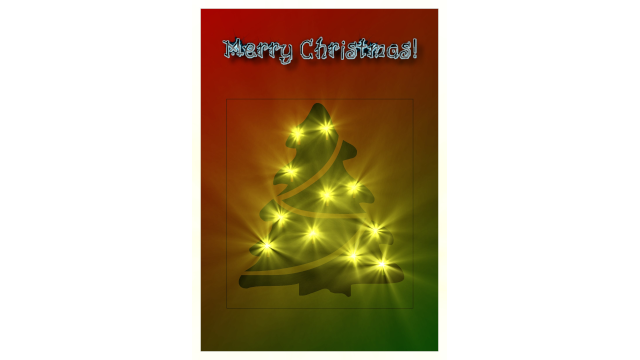 2-D still image of Christmas card featuring Christmas tree hung with bright, white lights